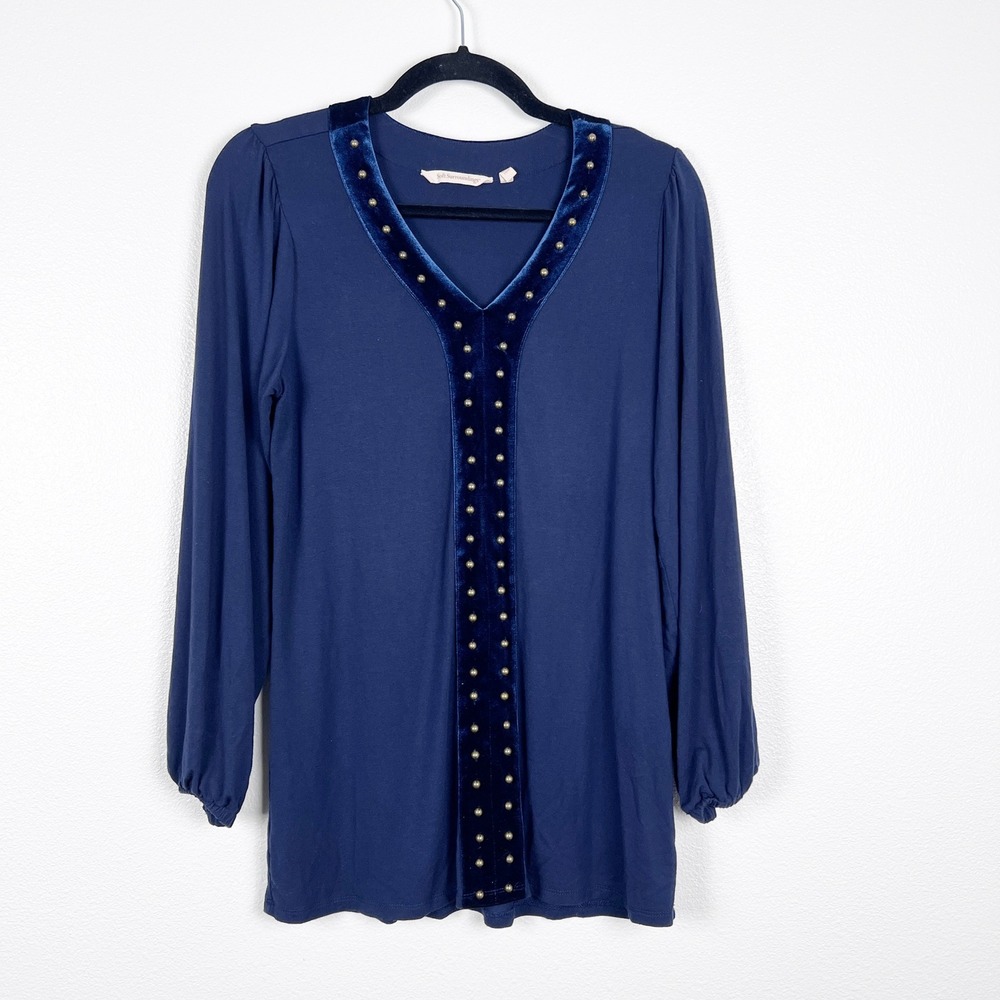 Soft Surroundings Long Sleeve Velvet‎ Trim Studded Blouse Navy Sz XS